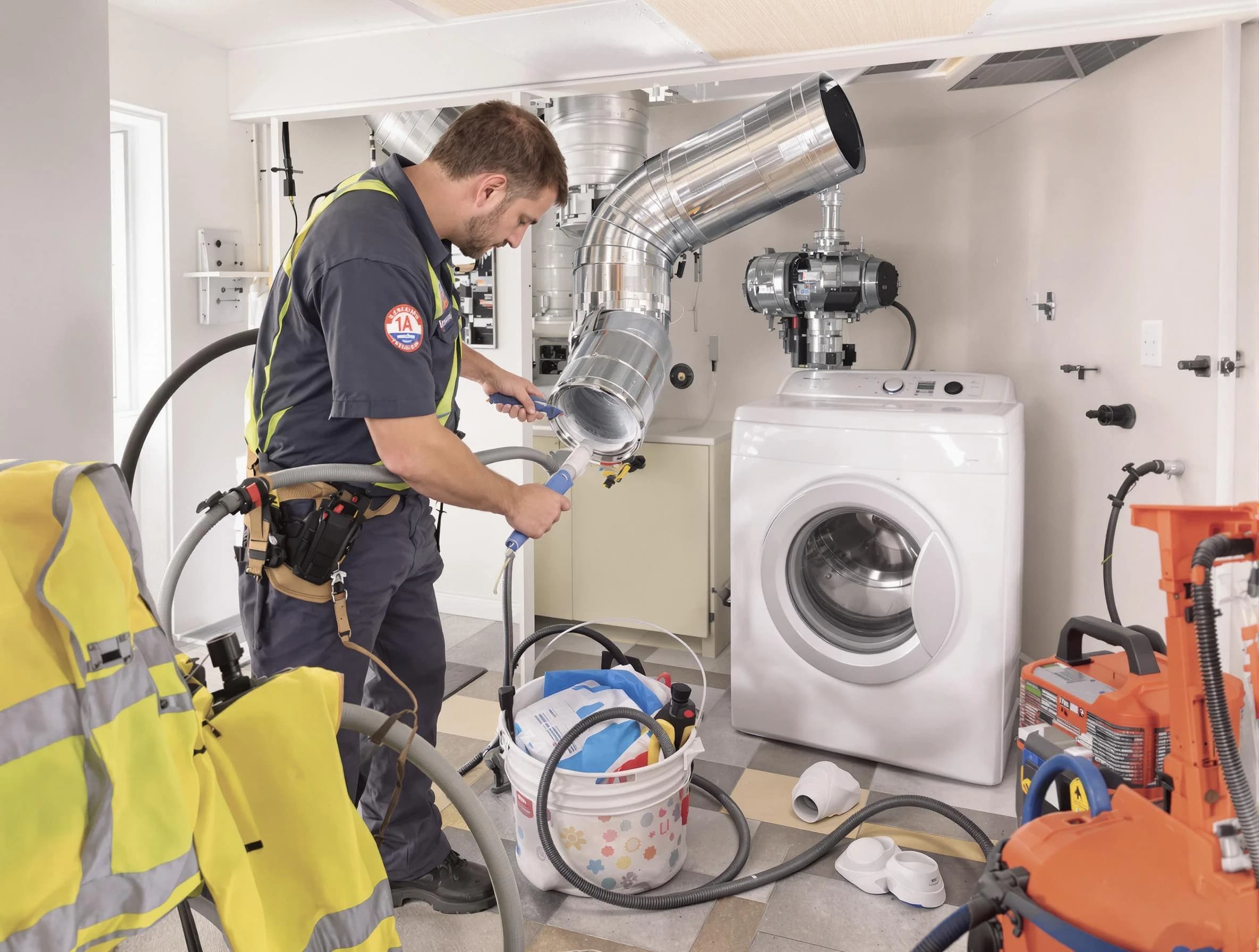 Huntington Beach Dryer Vent Cleaning technician using specialized equipment to clear severe dryer vent blockage in Huntington Beach